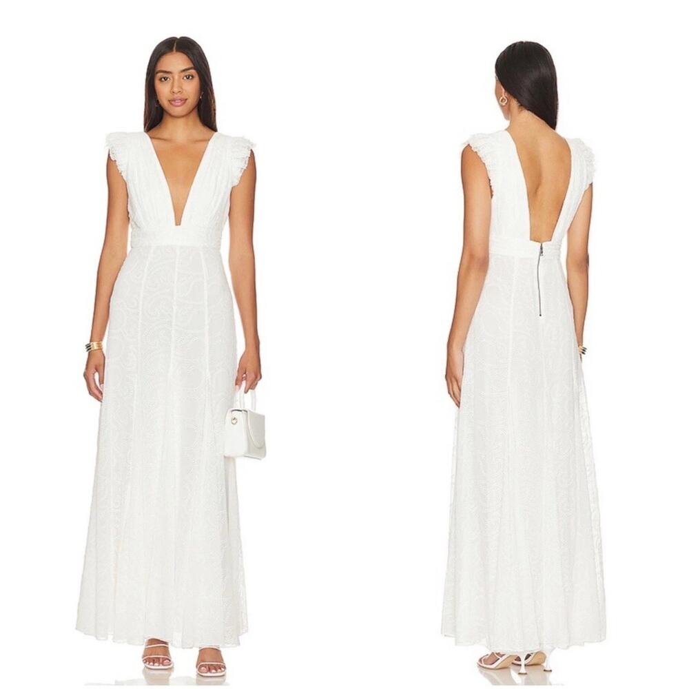 Alice + Olivia Vanna Ruffle Flutter Sleeve‎ Eyelet Embroidered Maxi Dress Size 2